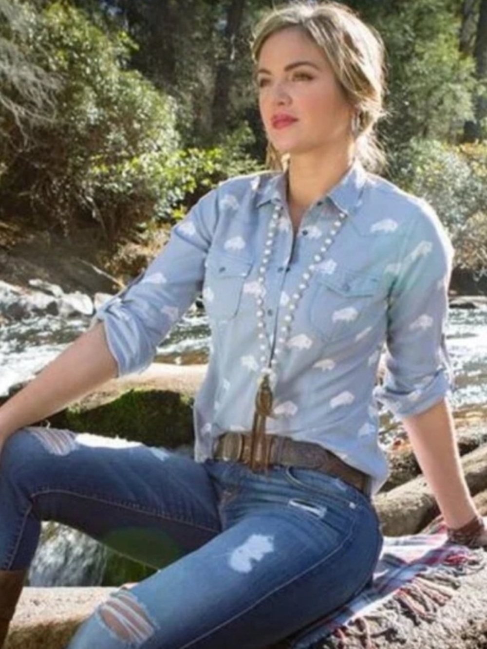 Ryan Michael Light Blue Buffalo Patterned Western Snap Front Shirt Size Large